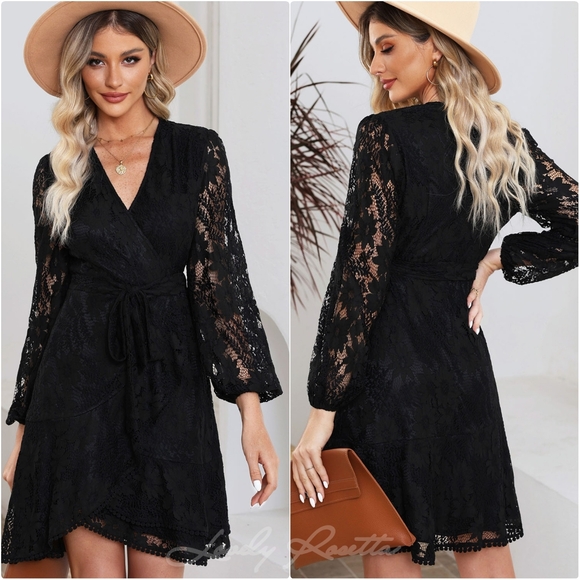 Romantic Lace Dress with Puff Sleeves and Belt - Picture 7 of 7